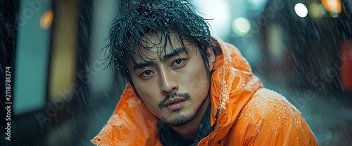 Man in orange jacket, rain-soaked city street
