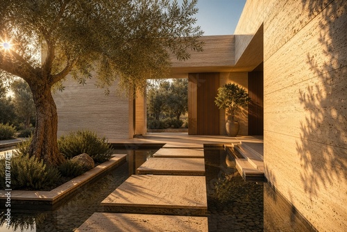 Luxury Wellness Courtyard with Travertine Architecture and Reflecting Pool at Golden Hour
