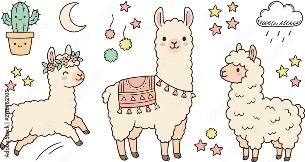 Obraz premium Cute Llama Character Collection with Floral Crown, Cozy Blanket, Moon, Stars, Cactus, and Kawaii Cartoon Vector Illustration Set