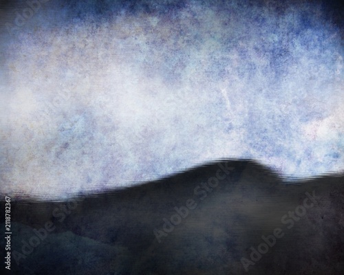 Atmospheric monochrome digital graphic art featuring a dark, textured landscape silhouette under a moody sky with vintage grunge texture and minimalist aesthetic.