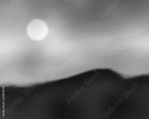 Atmospheric monochrome digital graphic art featuring a dark, textured landscape silhouette under a moody sky with vintage grunge texture and minimalist aesthetic.