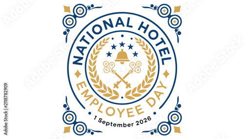 National hotel employee day emblem with golden keys and bell vector