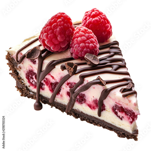A delicious slice of raspberry cheesecake with chocolate drizzle and fresh berries isolated on transparent background