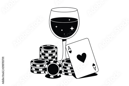 Casino gambling concept with poker chips, playing card and wine glass