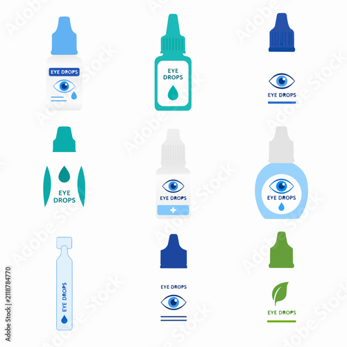 Various bottles of eye drops with different colored caps and labels, arranged in a grid.