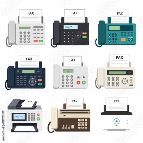 Flat illustrations of assorted office fax machines with keypads, handsets, displays, and printed fax pages