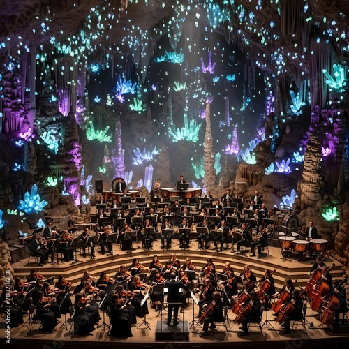Orchestral performance in a magical cave filled with glowing crystals and vibrant lights