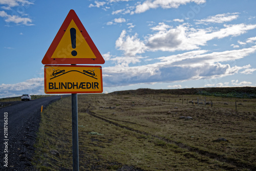 Icelandic Blindhæðir Road Sign on a Scenic Highway