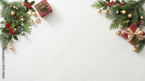 Festive Christmas gifts under evergreen branches on white background.