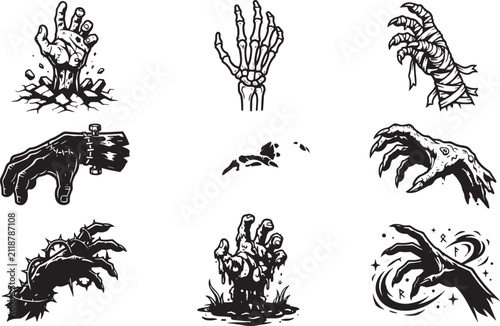 Spooky Halloween monster and zombie hand vector icon set featuring skeleton bones, mummy wraps, and creepy claws