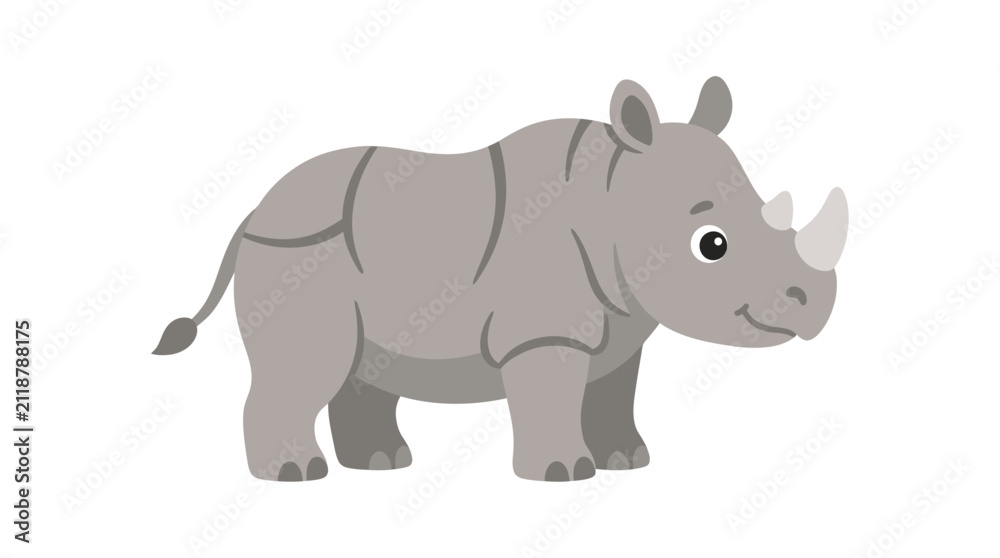 Fototapeta premium Charming cartoon rhinoceros illustration in a friendly style, depicting a gentle gray rhino standing on a clean white background, perfect for children's designs or animal themes