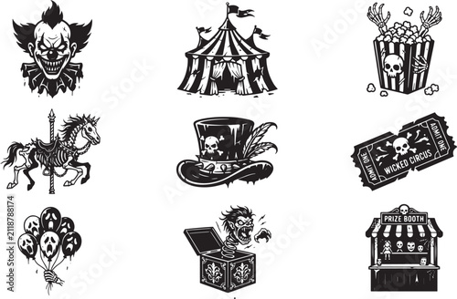 Creepy circus and wicked carnival icon set featuring evil clown, skeleton carousel horse, and spooky amusement elements