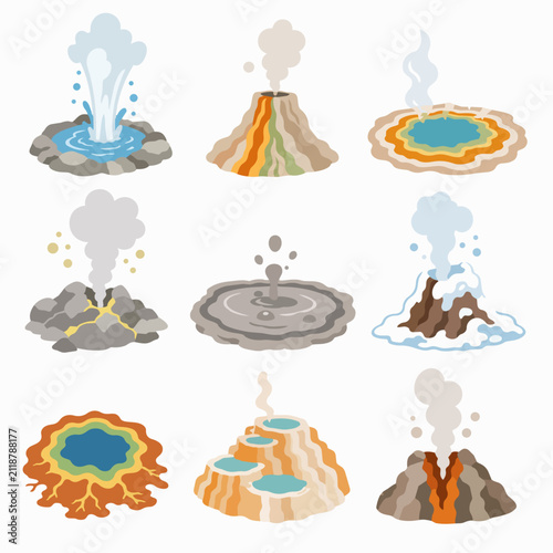 Flat illustrated stickers of geysers, mud pots, volcanoes, lava pools and steaming hot springs