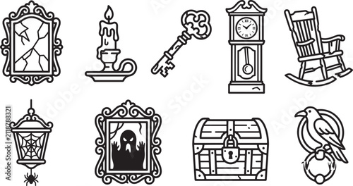Spooky haunted house line art icon set featuring creepy vintage elements, ghost portrait, and antique objects