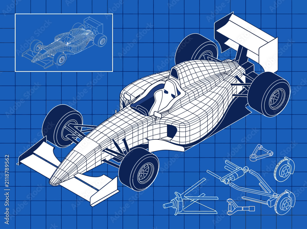 Fototapeta premium Blueprint Technical Drawing of Formula 1 Race Car with Wireframe Mesh and Mechanical Parts