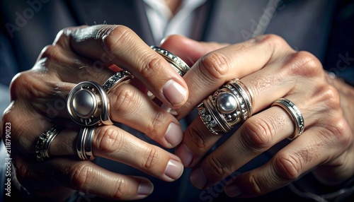 Close-up of hands adorned with multiple silver rings.
