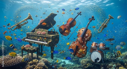 Underwater orchestra with grand piano violins trumpets and drums amidst colorful fish and coral reefs