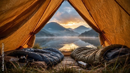 Sunrise View From Inside an Open Tent Overlooking a Calm Mountain Lake with Mist