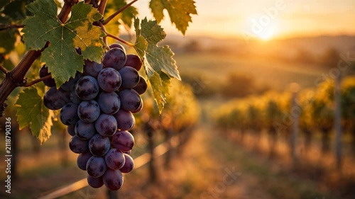Close-up of ripe red grapes hanging on a vine in a lush vineyard during a golden sunset, featuring warm backlighting and soft bokeh background.