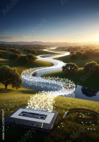Vintage cassette tape releasing music notes flowing into a winding river landscape at sunset