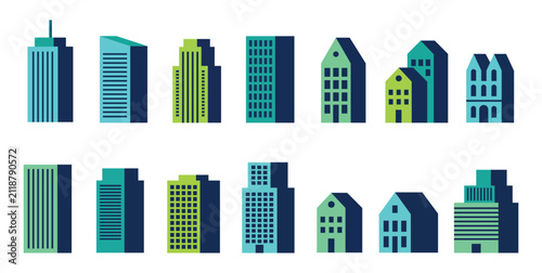 Vector set of various buildings and houses with shadows in a vibrant, modern flat design style for cityscape.