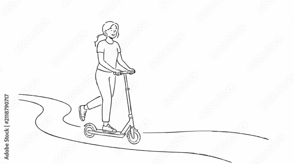 Fototapeta premium A young woman rides an electric scooter down a winding path, embracing a modern and active lifestyle with eco-friendly transportation