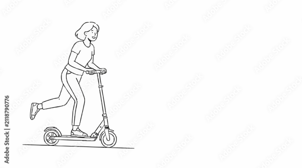 Obraz premium Woman riding an electric scooter in a simple black and white sketch