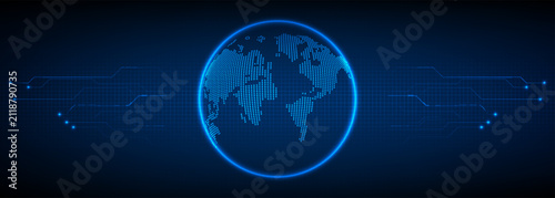 Vector illustrations of neon blue glowing globe with digital circuit patterns .Futuristic digital technology background and wallpaper.