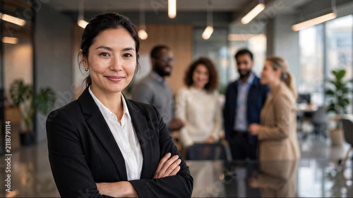 Confident Asian businesswoman in suit arms crossed opening eyes and smiling with blurred diverse office team background