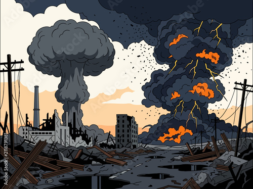 Foto Comic Art Post-Apocalyptic City with Mushroom Cloud and Nuclear Explosion Ruins