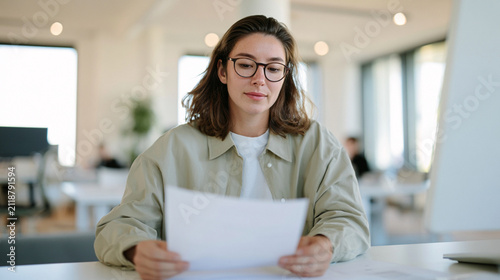 Female Professional Carefully Reviewing Official Document While Seated at Bright Desk