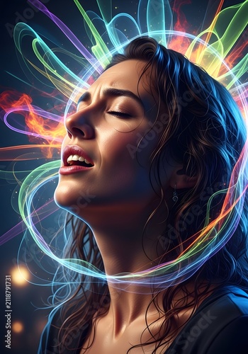 Woman experiencing intense emotion or spiritual enlightenment with colorful energy aura around her head