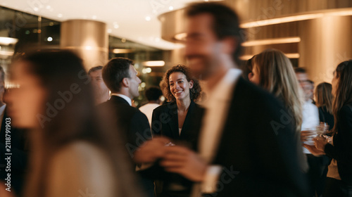 Small Groups Gathering for Conversation After Conference Presentation in Modern Venue