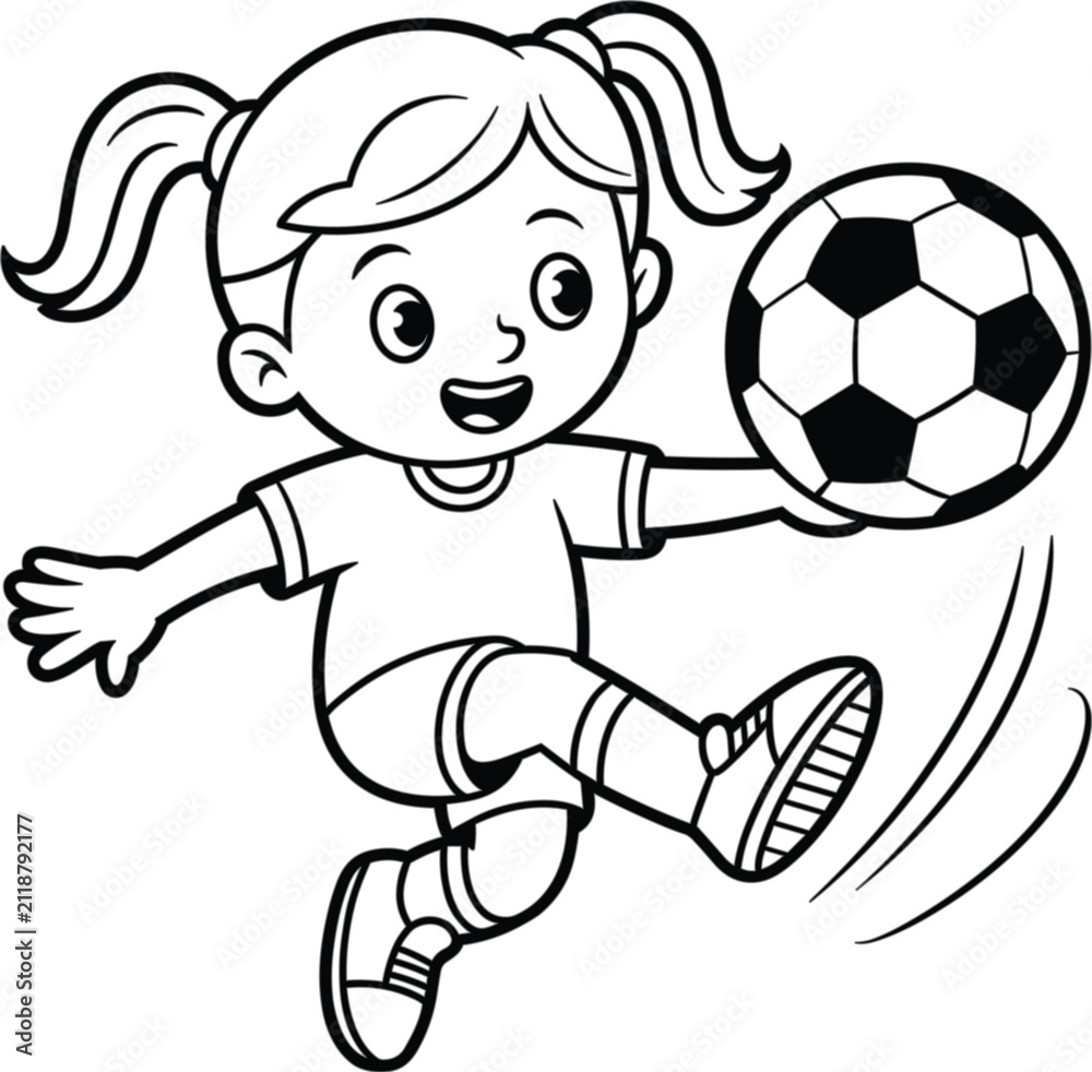 Obraz premium Cute girl playing soccer, cartoon child football vector illustration isolated outline coloring page design template