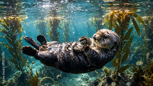 Sea otter floating on back in kelp forest ocean underwater