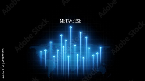 Metaverse growth concept: digital map with glowing rising financial arrows and data analytics digital transformation