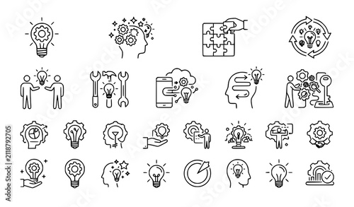 Foto Innovation and creative thinking line icon set featuring lightbulbs gears puzzle pieces human brain brainstorming tools and business problem solving strategy elements