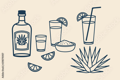 Tequila bottle with agave plant, shot glass, cocktail glasses, lime wedges, and a bowl of salt, dark blue line on a light beige background