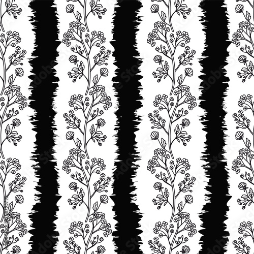Black and White Floral Branches Vector Seamless Pattern