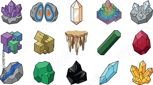 Cuadro en lienzo Diverse collection of stylized minerals crystals and rocks vector illustration i