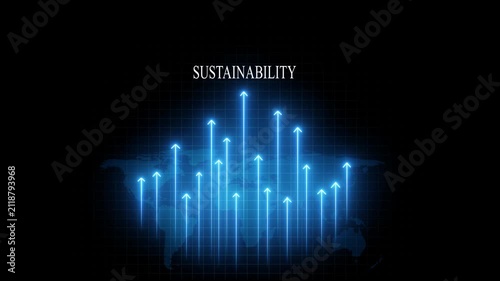 Sustainability growth concept with glowing upward arrows and global map digital data visualization green energy