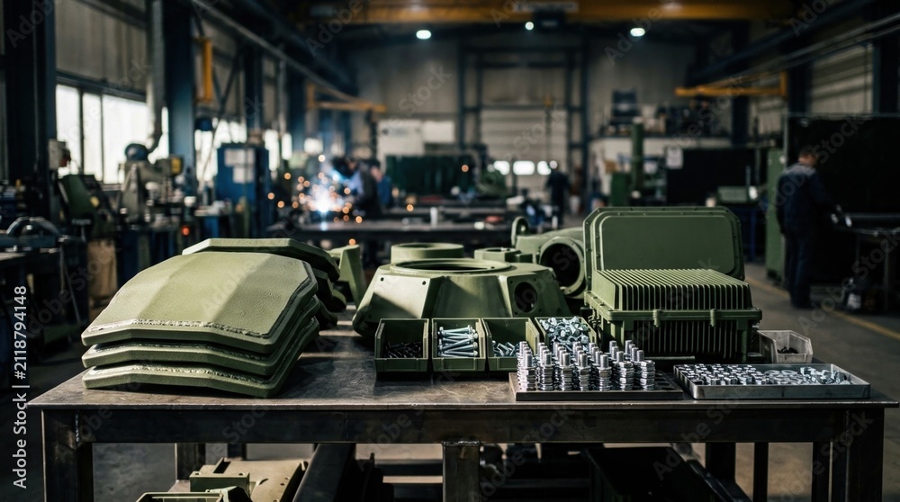 Obraz premium Defense manufacturing with armored plates, turret parts, radar housings, and precision fasteners on a steel workbench inside a factory setting.