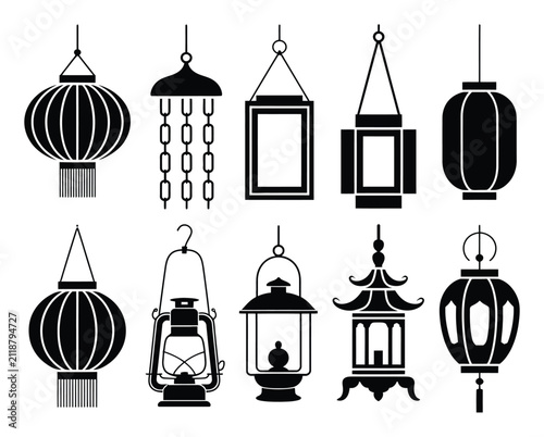 Cuadro en lienzo Colección de faroles colgantes y siluetas decorativas de luces