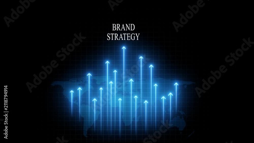 Brand strategy growth concept with glowing digital arrows and map background, business marketing