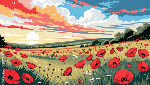 Принти на полотні Very beautiful black and white realistic vector of blooming poppies gently swaying in the breeze across a peaceful countryside meadow beneath a dramatic evening sky