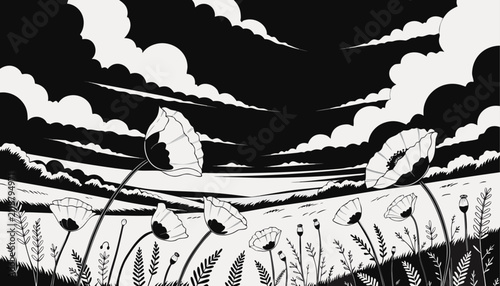 Foto Very beautiful black and white realistic vector of blooming poppies gently swaying in the breeze across a peaceful countryside meadow beneath a dramatic evening sky
