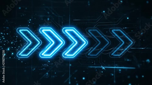 Glowing blue neon arrows moving across a dark digital background
