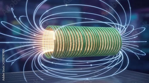 A glowing electromagnetic coil showing magnetic field lines in space