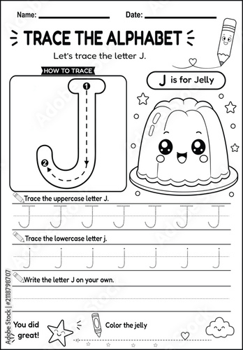 Printable Letter J tracing worksheet featuring uppercase and lowercase handwriting practice, stroke order, and a cute jelly coloring activity. Ideal for preschool, kindergarten, homeschool.