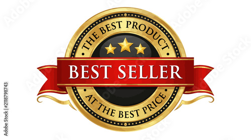 Golden premium best seller award badge with red ribbon and stars, symbolizing top product quality, exceptional value, and customer trust for effective marketing